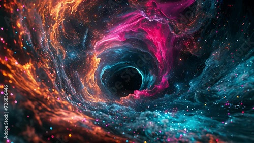 A neon representation of a black hole pulling in and distorting the surrounding neon galaxies and stars. photo