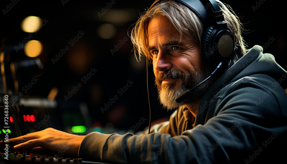 Obraz premium One man, headphones on, skillfully mixing music in nightclub generated by AI