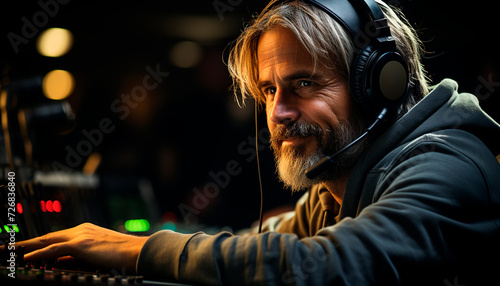 One man, headphones on, skillfully mixing music in nightclub generated by AI photo