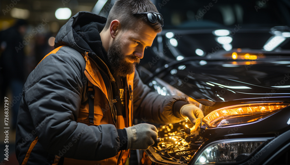 A bearded mechanic confidently repairs cars in the workshop generated by AI