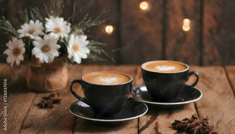 Two Cups Of Coffee On Table with sunlight at the morning Two Cups Of Coffee On Table with sunlight at the morning