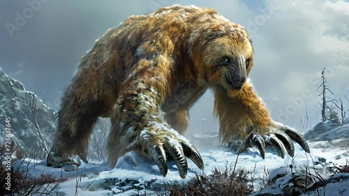 A towering giant ground sloth its long claws digging into the frozen ground as it searches for plant life in the barren ice. photo