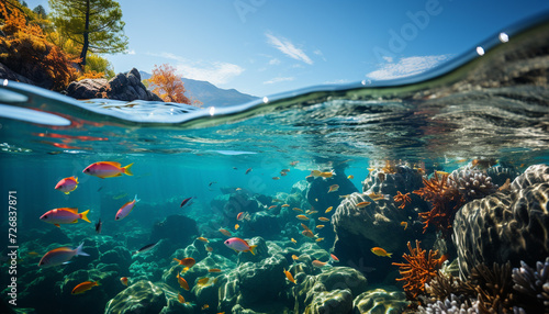 Underwater fish swim below the multi colored coral reef generated by AI