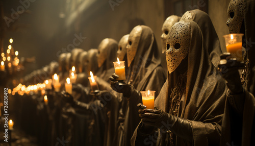 Men holding candles in a dark, spooky Halloween celebration generated by AI