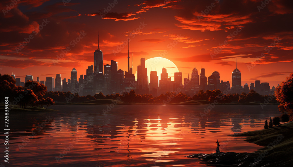 Cityscape silhouette reflects on tranquil waterfront at dusk generated by AI Cityscape silhouette reflects on tranquil waterfront at dusk generated by AI
