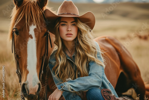 model wearing a cowboy hat and boots in a ranch with a horse
