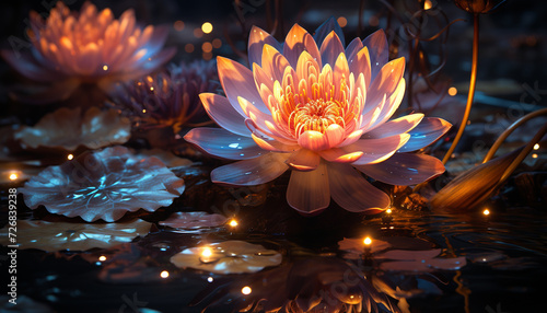 Bright pink lotus flower reflects in tranquil pond generated by AI