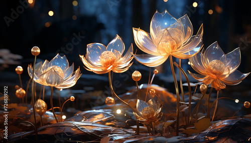 Colorful lotus flower reflects beauty in tranquil pond generated by AI