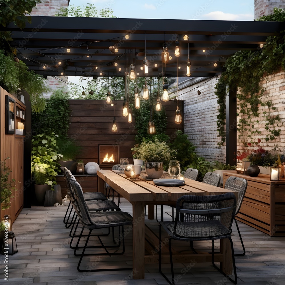 A dining area that seamlessly blends urban living with a touch of nature. Picture a dining table surrounded by potted plants and vertical gardens