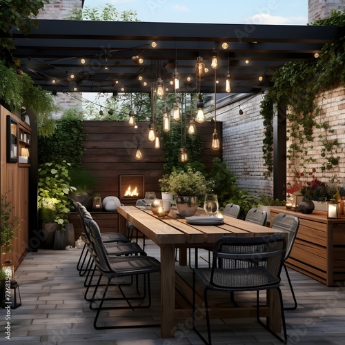A dining area that seamlessly blends urban living with a touch of nature. Picture a dining table surrounded by potted plants and vertical gardens