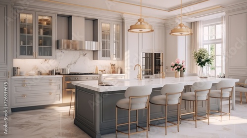 Luxurious And Bright Kitchen Interior With Elegant Furniture Inside Of Spacious Residential Mansion. Modern Concept For Interior Design And Architecture