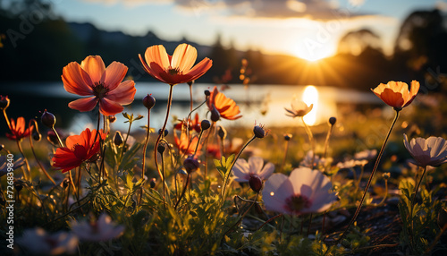 Sunset meadow, vibrant flowers bloom in nature generated by AI © Jemastock
