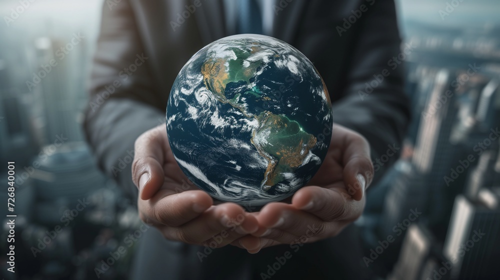 business man holding the planet earth with the city as background business man holding the planet earth with the city as background
