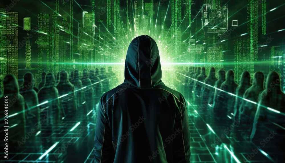 Anonymous hacker man on his back with black sweatshirt and hoodie, surrounded by green glowing data network on virtual space background. Cybersecurity, cyberattack, cybercrime concept. Generative AI. Anonymous hacker man on his back with black sweatshirt and hoodie, surrounded by green glowing data network on virtual space background. Cybersecurity, cyberattack, cybercrime concept. Generative AI.