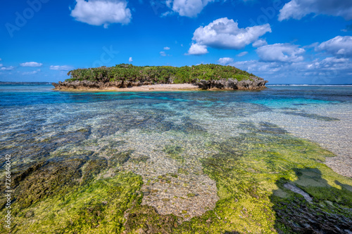 Fototapeta Naklejka Na Ścianę i Meble -  Crystal clear waters of Bise Beach, Motobu District, Okinawa main island. White sand beach with coral outcrops and small islands offshore