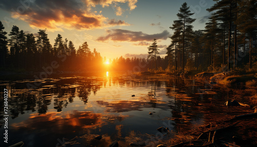 Vibrant sunset over tranquil forest reflects on water generated by AI