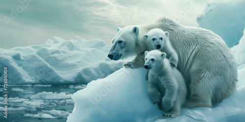 a polar bear with its baby cub hugging an iceberg  generative AI