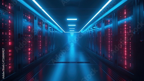 Long Hallway With Rows of Red and Blue Lights in a Data Center Generative AI