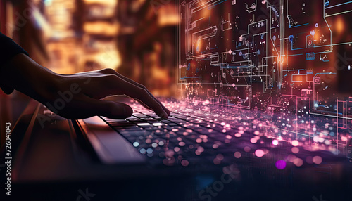 Anonymous hacker or programmer hand typing on a laptop keyboard, surrounded by purple glowing data network, working on orange virtual space background. Cybersecurity, cyberattack, cybercrime concept. photo