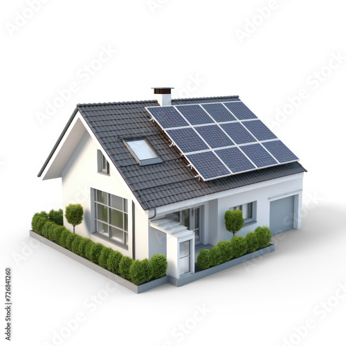 A house which has solar panels on the roof which charge a large battery inside the house on transparency background PNG © KimlyPNG