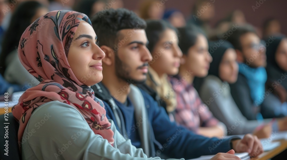 Fototapeta premium Group of Arabic University Students Listening to a Lecture Generative AI