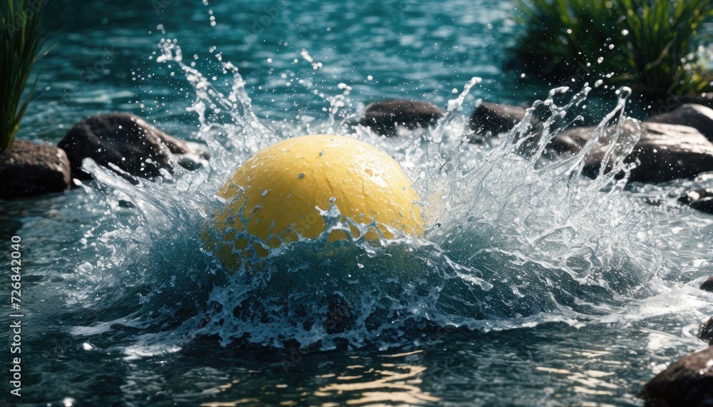 Vibrant Yellow Ball Splashing in Clear Blue Water