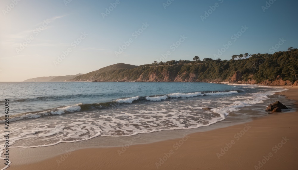 Serene Beach at Sunset with Gentle Waves and Scenic Cliffs