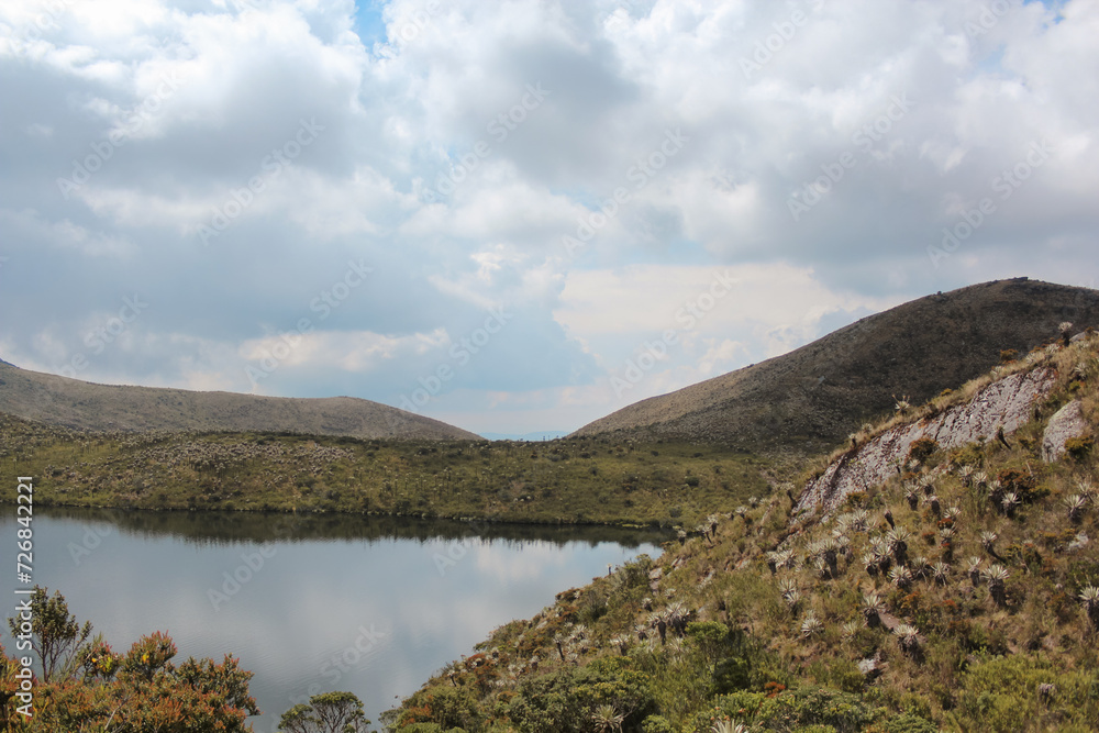 Beauty Paramo full of nature, mountains, frailejones and lakes in Cundinamarca, Colombian, Chingaza Paramo