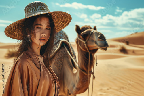 model wearing a hat and a robe in a desert with a camel