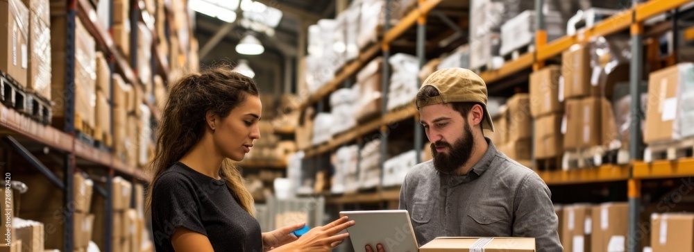 Man and Woman in Warehouse Looking at Tablet Generative AI