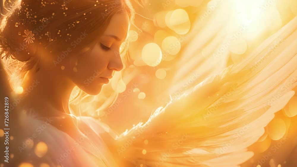 A lone angel eyes closed in deep meditation surrounded by a golden aura ...