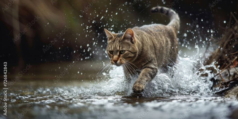 a cat is running through stream water, generative AI a cat is running through stream water, generative AI