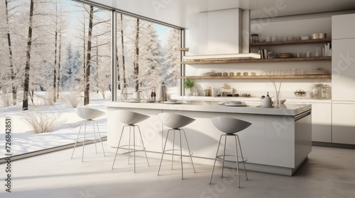 luxury interior design of modern trendy snow white kitchen in minimalistic style with island and two bar stools. huge windows to the floor and a glass rack for dishes