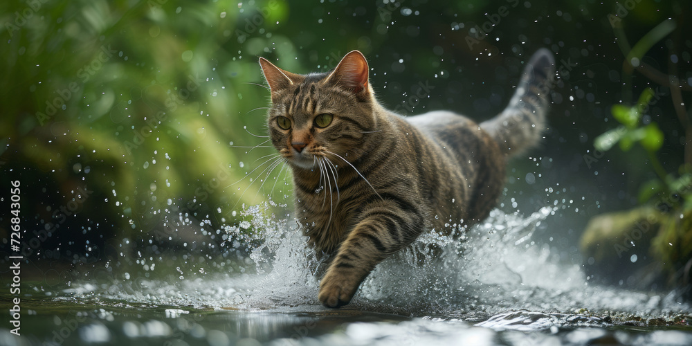 a cat is running through stream water, generative AI a cat is running through stream water, generative AI