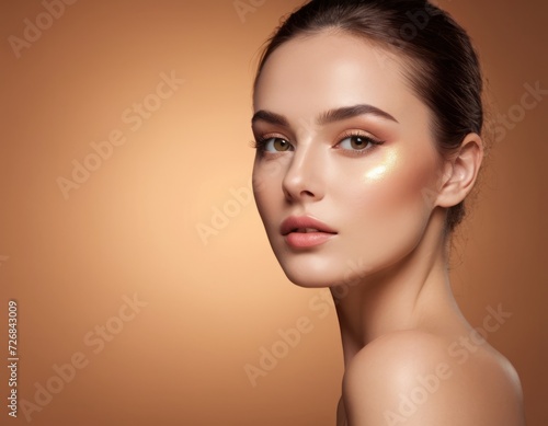 Beautiful woman's face close-up, with smooth, clean and healthy skin. On isolated background in brown colour. Concept of cosmetics, creams and health care. copy space