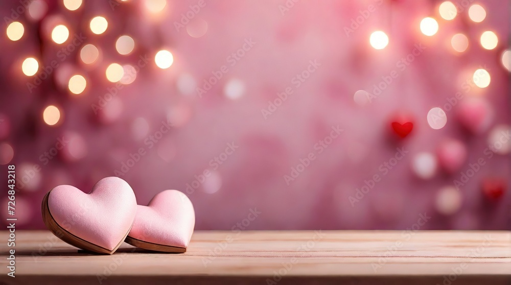 Pink hearts on a wooden table with a blurred side on a pink background , a place for text, a wooden table background with hearts with a Valentine's day or wedding theme