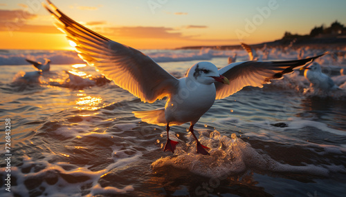 Seagull flying, sunset, animal outdoors, water, animals in the wild, sun, blue, beak, freedom generated by AI photo