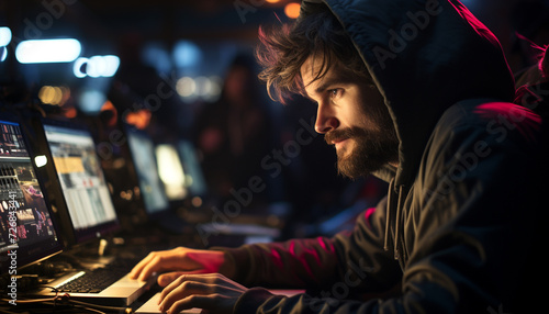 A young man, illuminated by the computer monitor, typing creatively generated by AI © Stockgiu