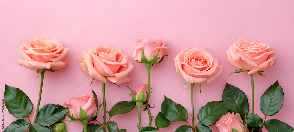 Obraz premium Spring roses flowers on pink pastel background top view in flat lay style, great for womens or mothers day or spring sale banner.