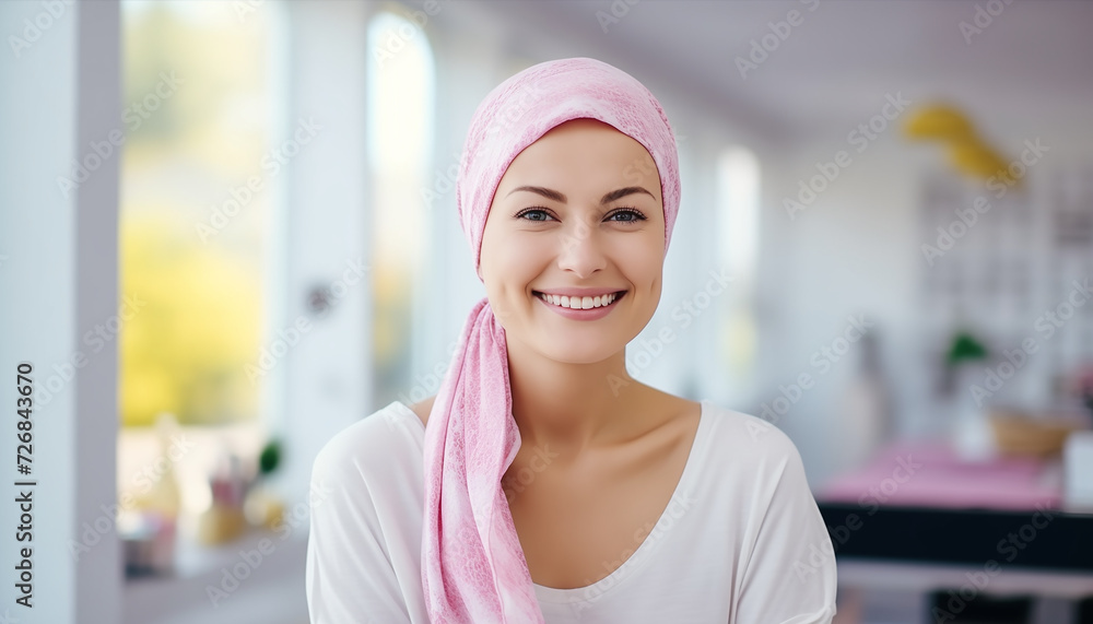 Beautiful woman smiling after chemotherapy at home. Cancer patient. Blurred background Beautiful woman smiling after chemotherapy at home. Cancer patient. Blurred background