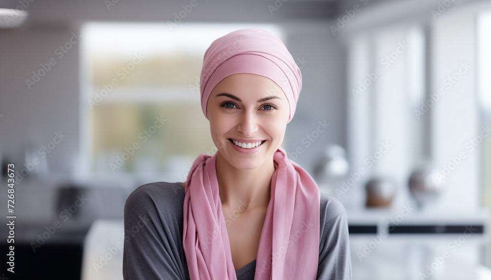 Beautiful woman smiling after chemotherapy at home. Cancer patient. Blurred background Beautiful woman smiling after chemotherapy at home. Cancer patient. Blurred background