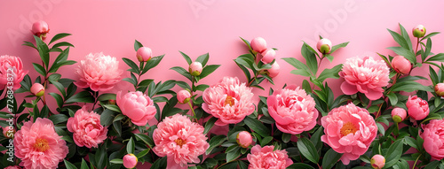 Spring peony flowers on pink pastel background, top view in flat lay style, perfect for women's day or mother's day greeting or spring sale banner. photo