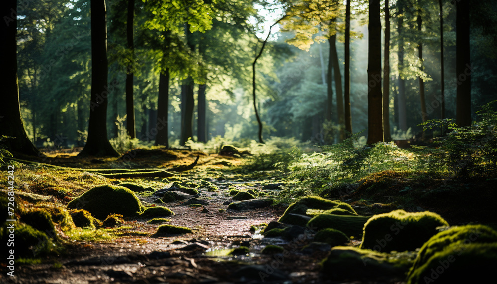 Obraz premium Tranquil scene of a foggy forest in autumn generated by AI