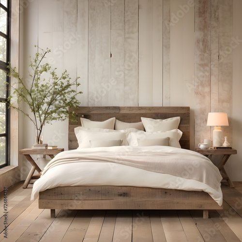 A bedroom that combines rustic charm with minimalist simplicity. Picture a bed with a reclaimed wood frame, simple bedding
