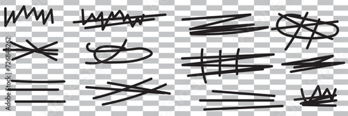 Strikethrough lines collection. Set of hand drawn freehand emphasis elements, underline, marker or ball pen line, crossed scribble stripe