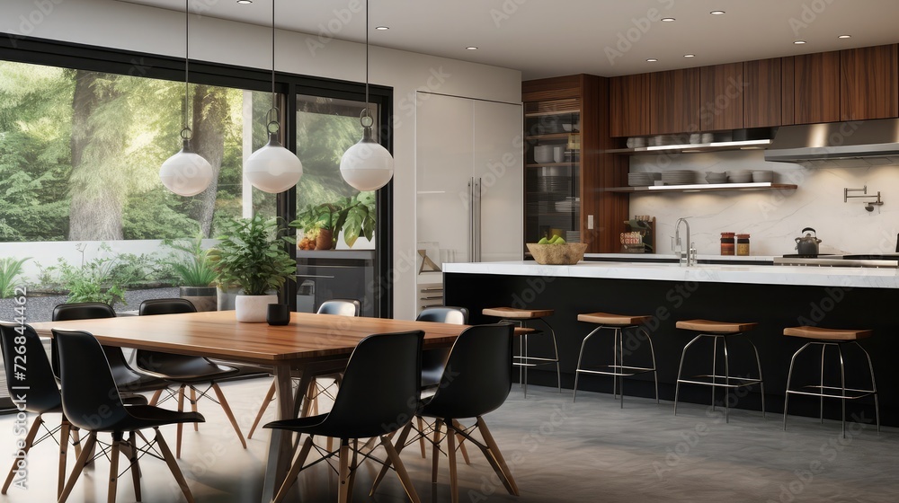 Midcentury modern kitchen and dining room interior design with black cabinets, white cabinets, white quartz and walnut accents Midcentury modern kitchen and dining room interior design with black cabinets, white cabinets, white quartz and walnut accents