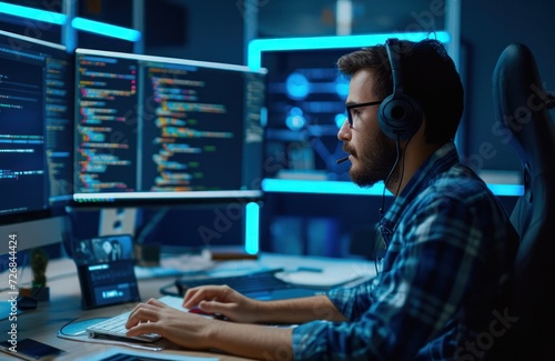 IT Specialist Wearing Headphones at Computer Generative AI