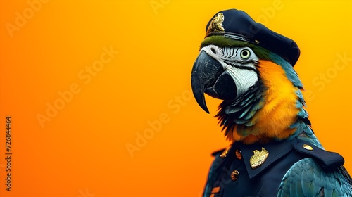 Colorful Parrot in Police Uniform on Orange Background