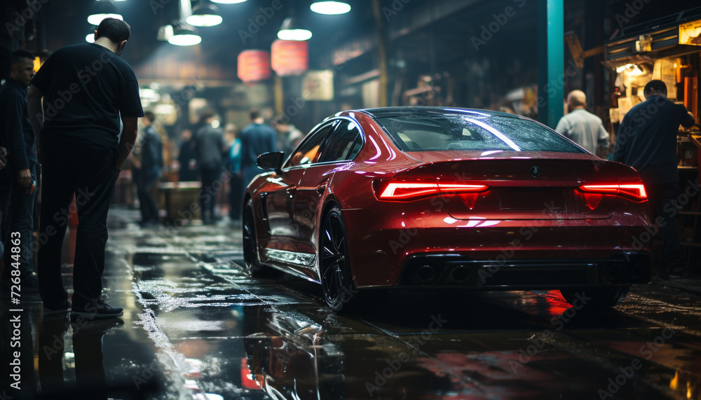 Men driving cars in the rain, city lights reflecting on wet streets generated by AI