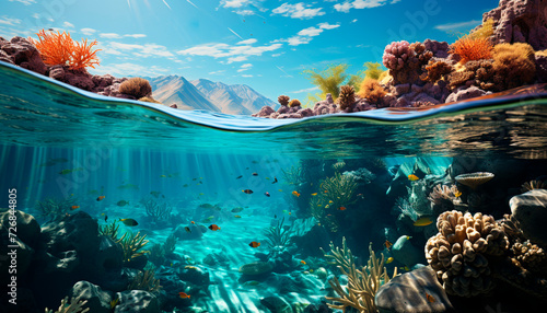 Underwater fish swim in nature deep blue aquatic landscape generated by AI © Stockgiu